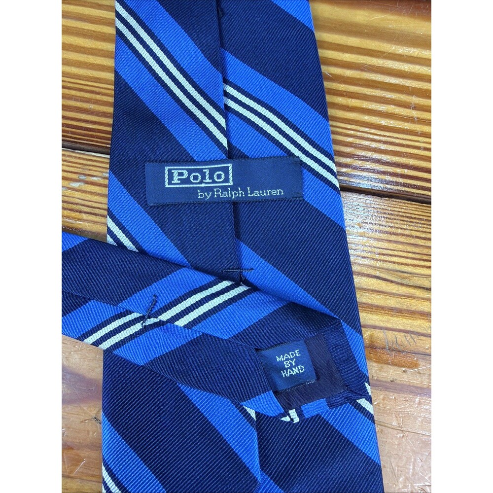 Polo Ralph Lauren Hand Made 100% Silk Blue Striped Tie Made In USA